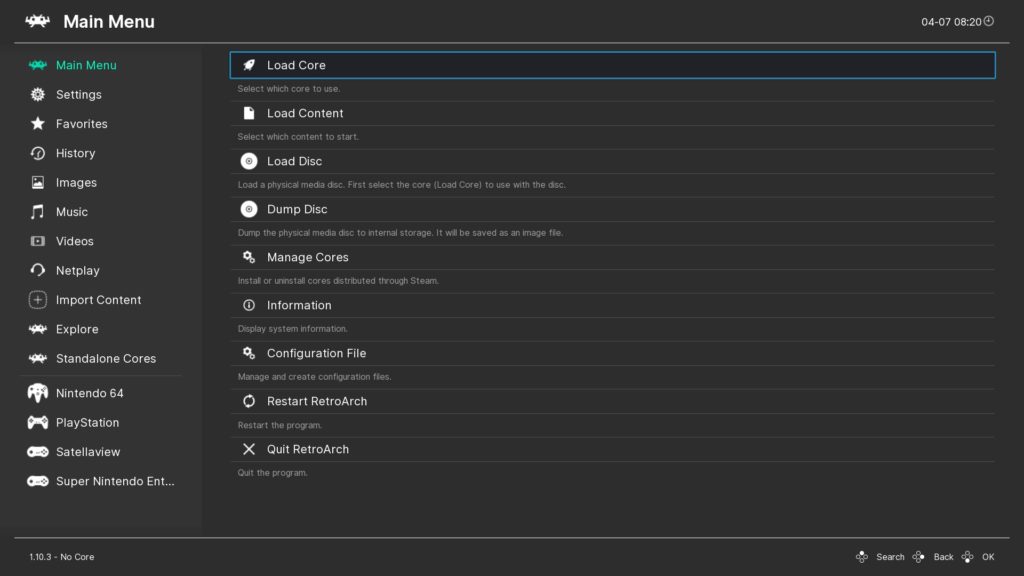 RetroArch main screen