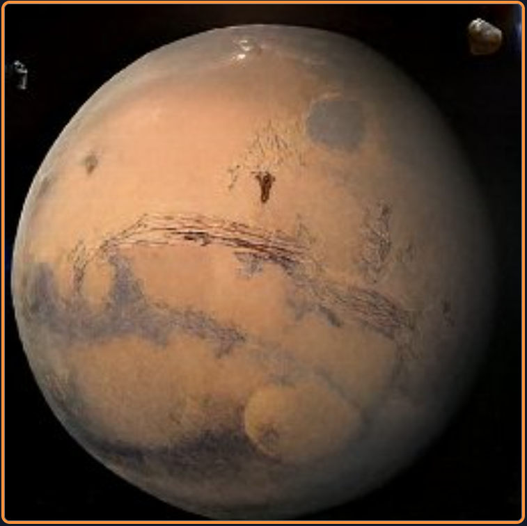 Mars, with Deimos and Phobos, as rendered by Craiyon.