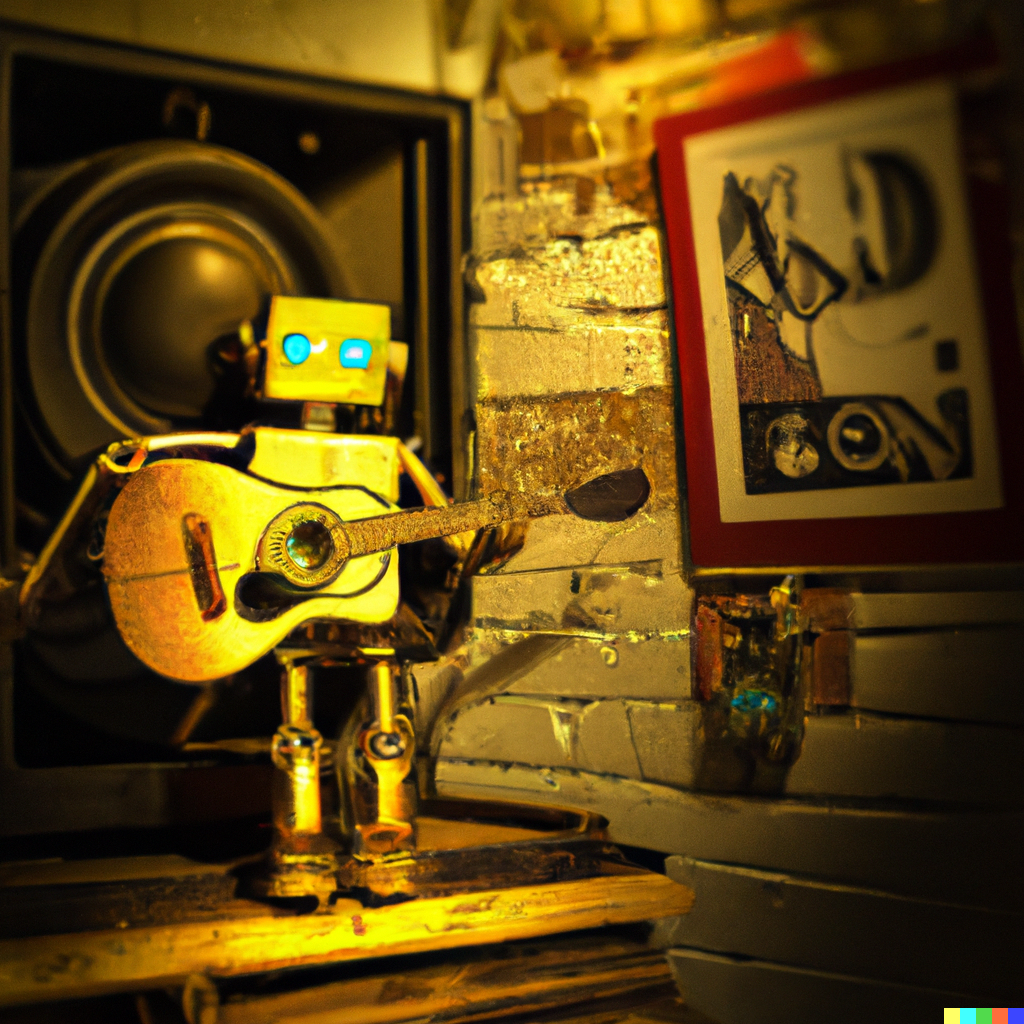 A golden robot playing an acoustic guitar on a small stage in a spotlight, old band posters on the wall behind the robot, viewpoint is from stage right