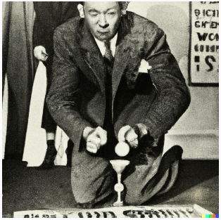 A newspaper photograph of the winner of the World Singles Tiddlywinks Championships using his squidger to flip the final wink into the cup.