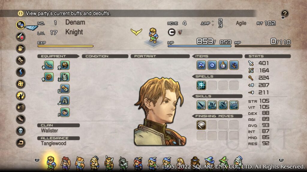 Character screen for protagonist Denam Powell