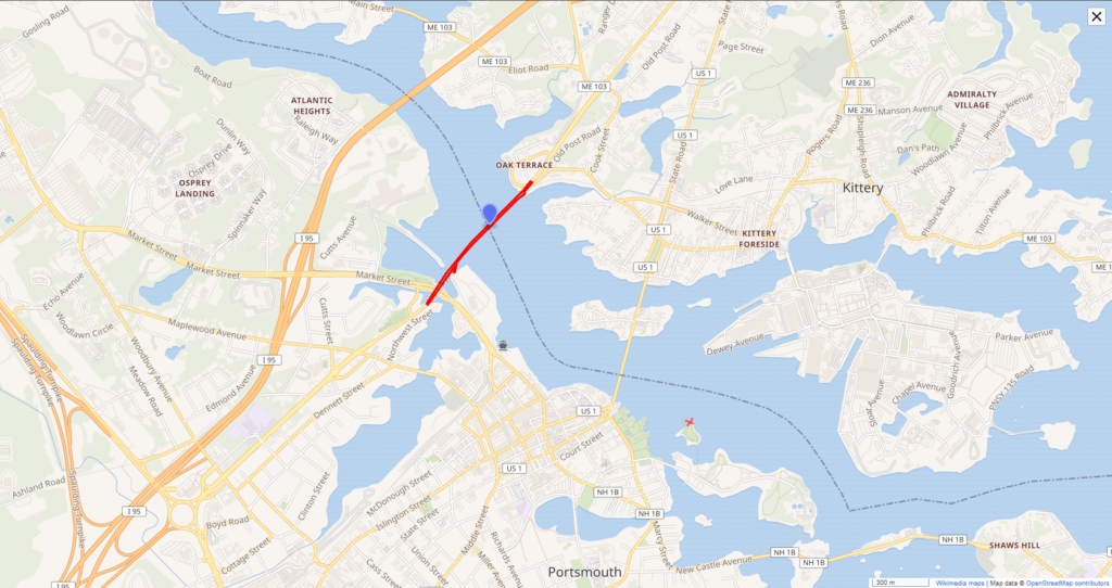 Sarah Mildred Long Bridge in red. "X" marks the spot of "My Mother the Wind"