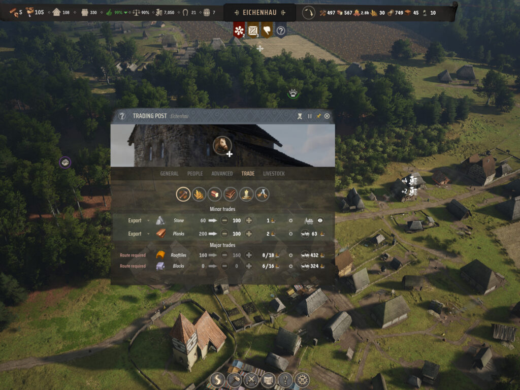 Trading Post screen, showing some exports