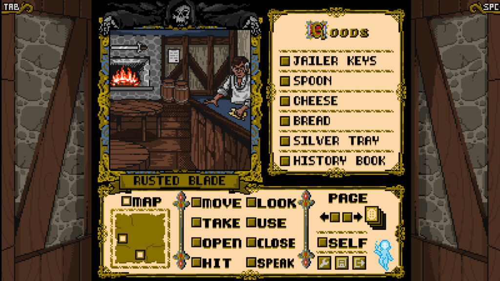 At the Rusted Blade Inn. Above the roaring fireplace is a... rusted blade.