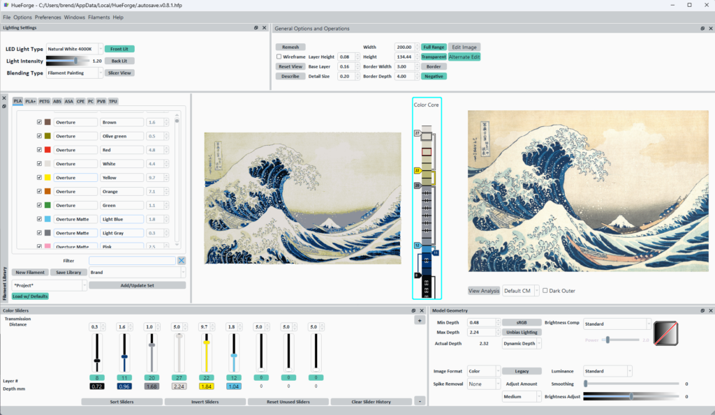 HueForge editing Hokusai's "The Great Wave off Kanagawa" woodprint.