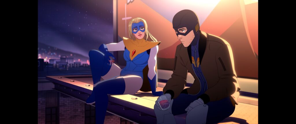 Blonde Blazer and Mecha Man have a moment